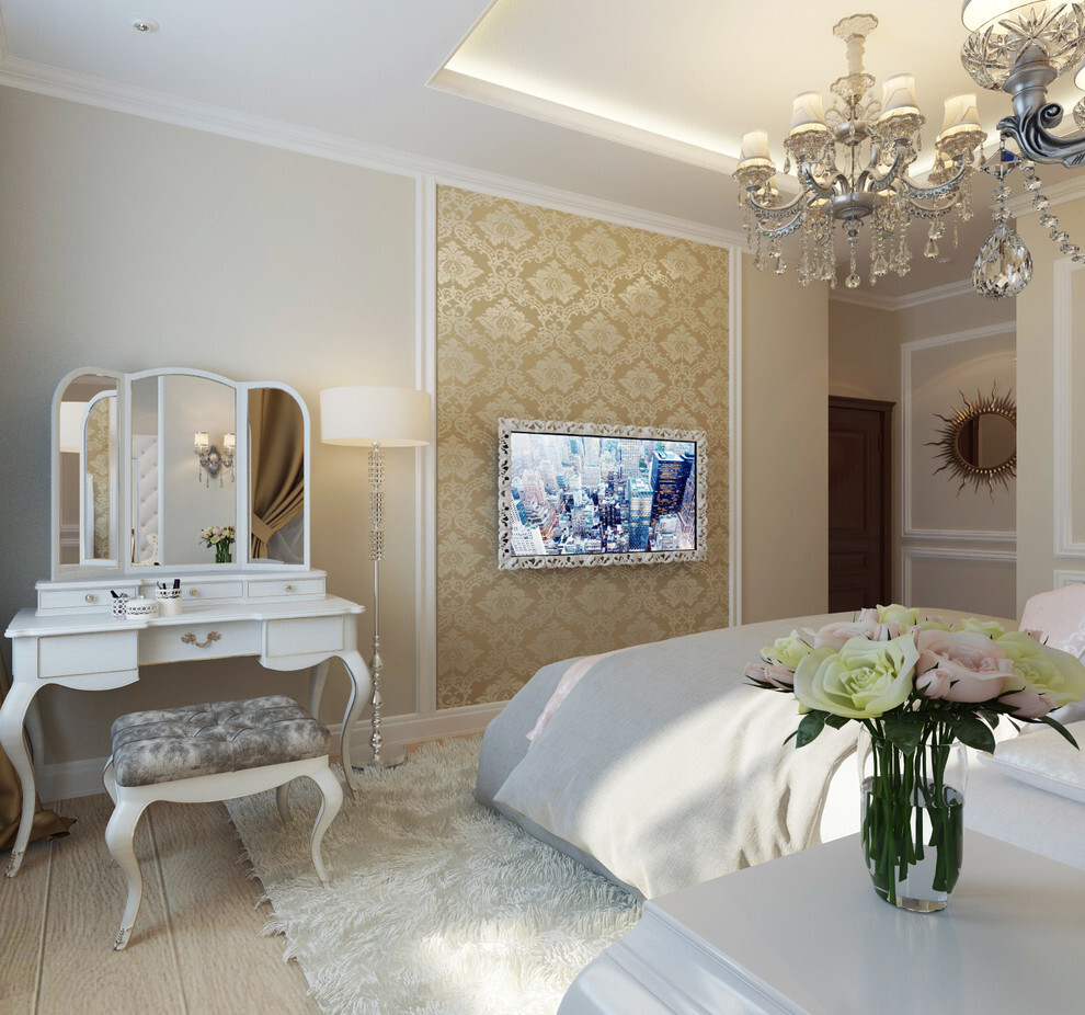 Интерьер спальни с подсветкой настенной в классическом стиле