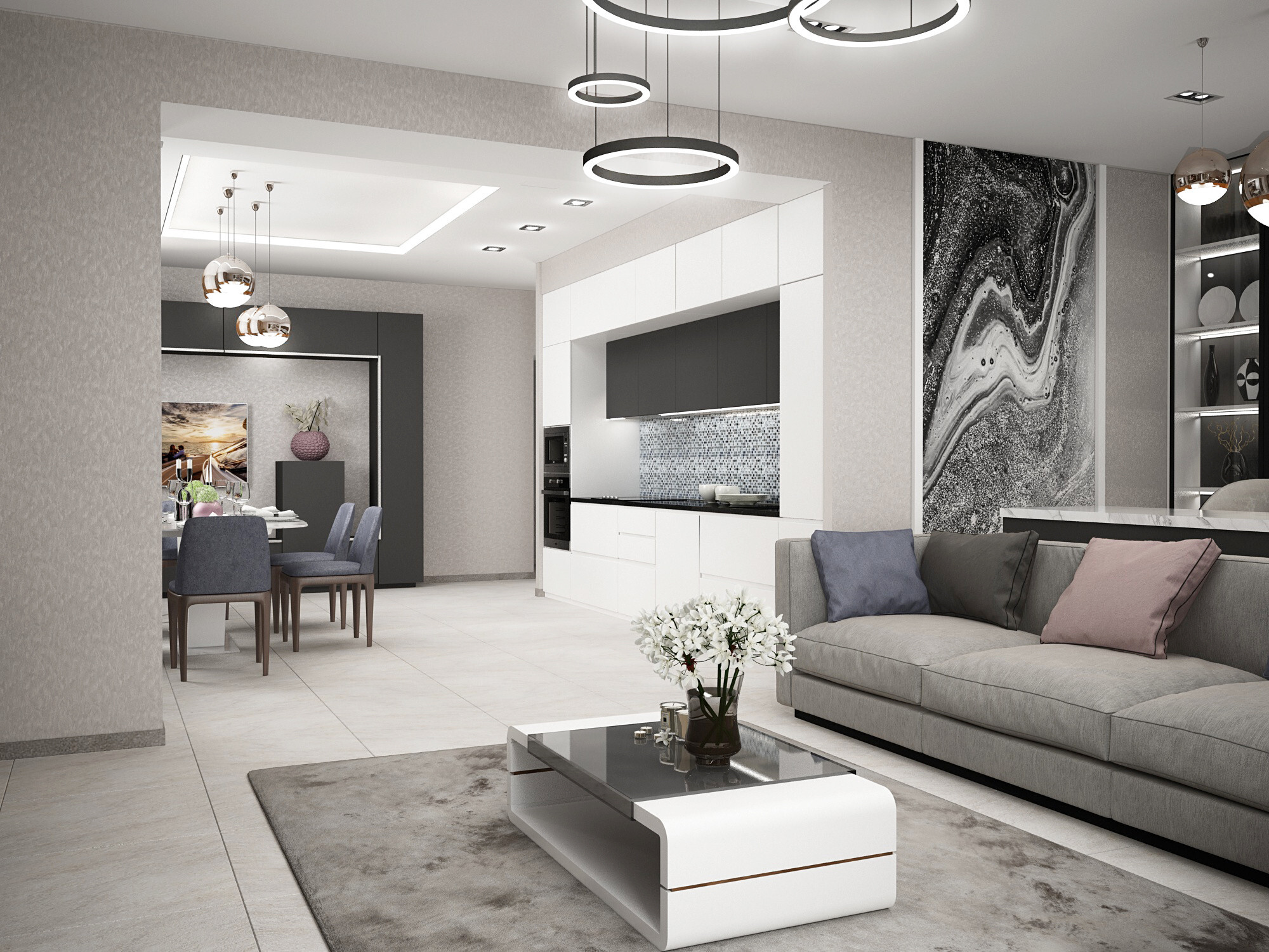 Интерьер гостиной с подсветкой настенной, подсветкой светодиодной и с подсветкой в современном стиле и хай-теке