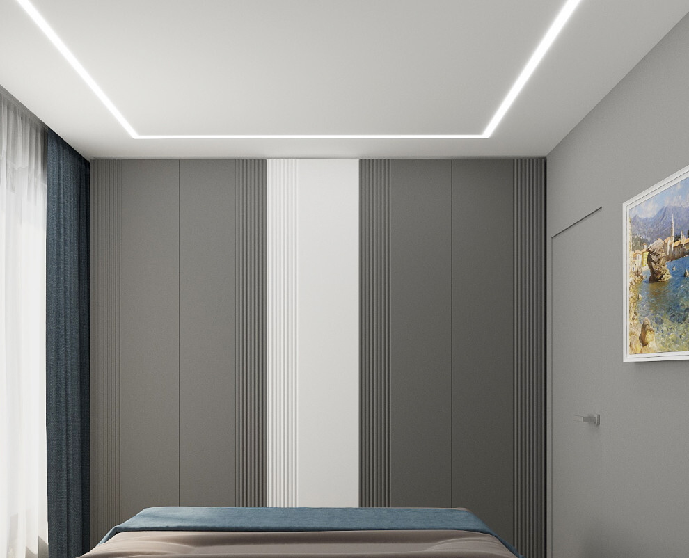 Интерьер спальни cветовыми линиями, рейками с подсветкой, подсветкой настенной, подсветкой светодиодной и с подсветкой в современном стиле
