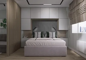 Интерьер спальни с кроватью в нише, светильниками над кроватью, шкафом над кроватью, с подсветкой и акцентной стеной за кроватью в современном стиле смотреть на Basicdecor