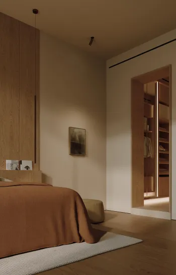 Интерьер спальни с нишей с подсветкой, подсветкой настенной и светильниками над кроватью  смотреть на Basicdecor