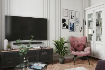Интерьер гостиной с телевизором в углу  смотреть на Basicdecor