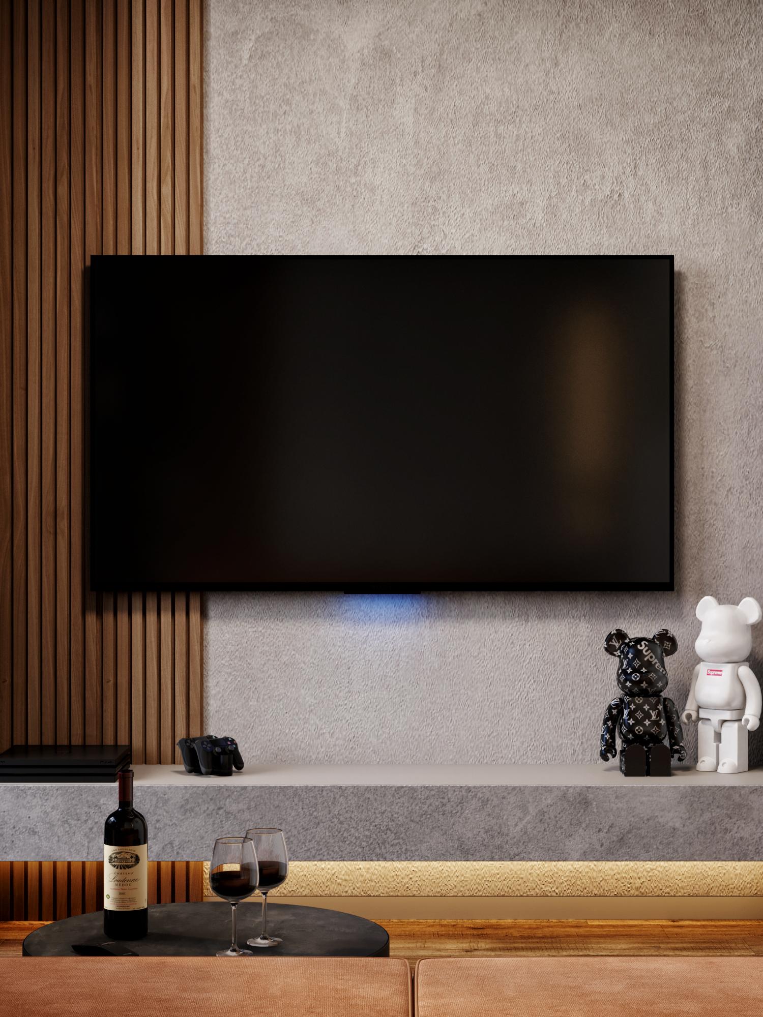 Интерьер cтеной с телевизором, телевизором на стене, керамогранитом на стену с телевизором и подсветкой настенной