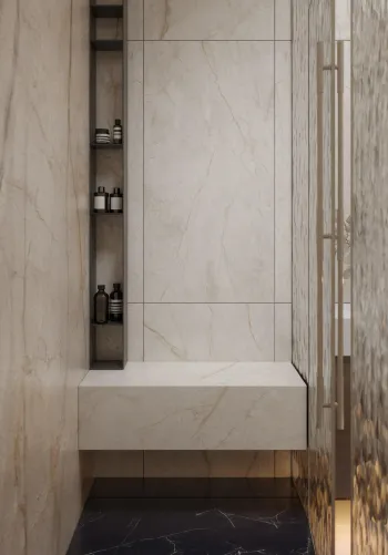 Интерьер ванной с душевой из плитки и нишей из плитки  смотреть на Basicdecor