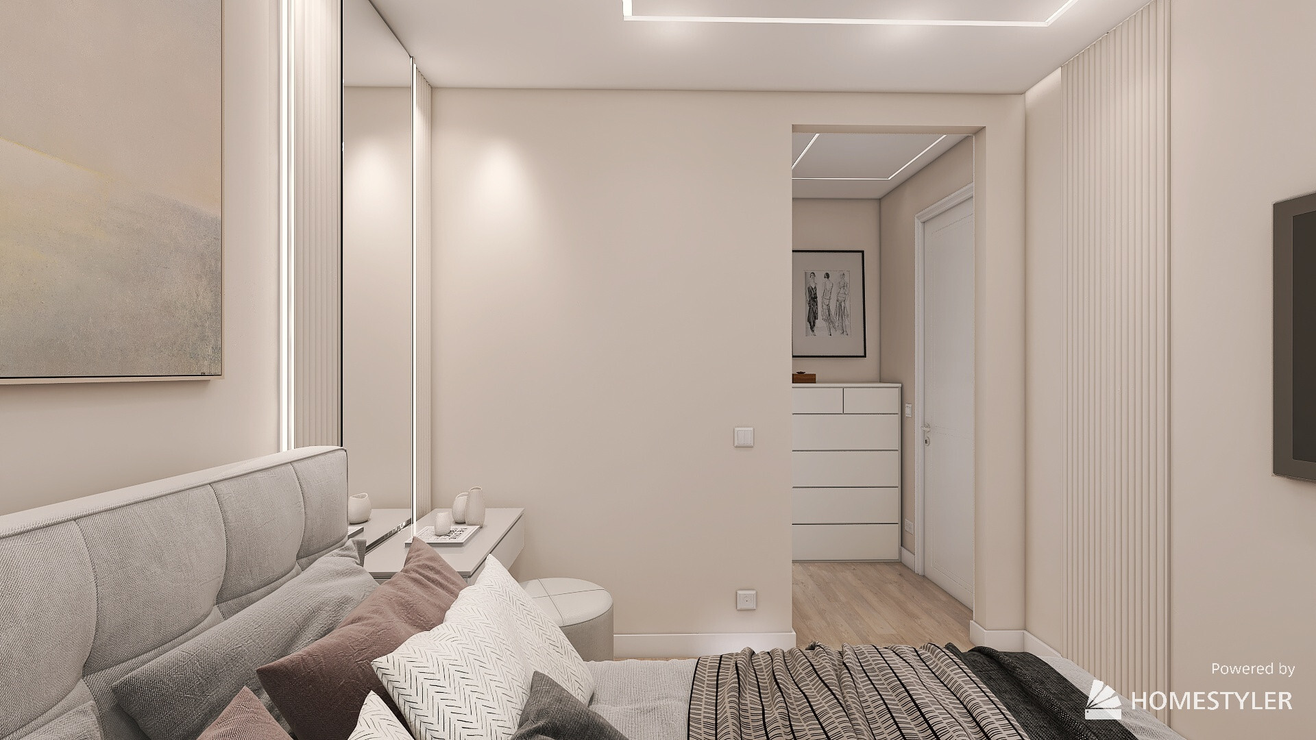 Интерьер спальни с нишей с подсветкой, световыми линиями, подсветкой настенной, подсветкой светодиодной, светильниками над кроватью и с подсветкой в современном стиле