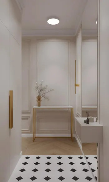 Интерьер прихожей с проходной, ресепшном и зеркалом на двери  смотреть на Basicdecor