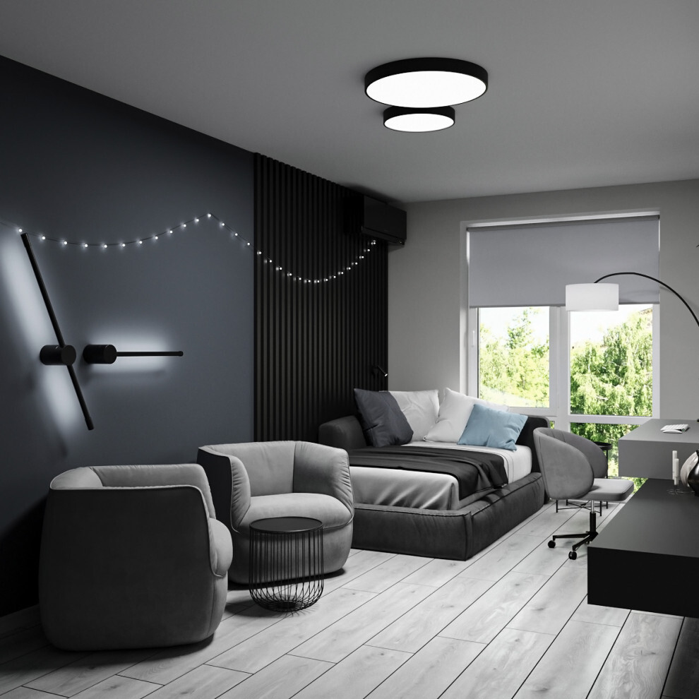 Интерьер гостиной c рабочим местом и подсветкой светодиодной в современном стиле