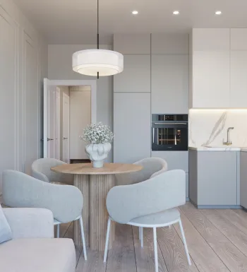 Интерьер кухни cветильниками над столом  смотреть на Basicdecor
