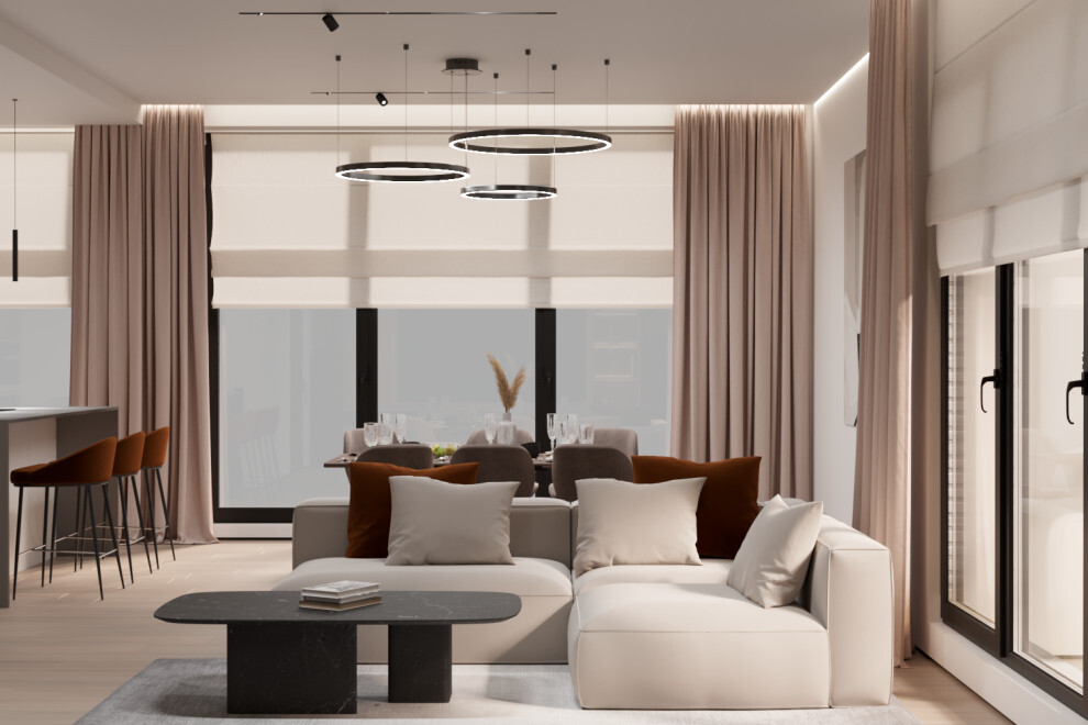 Интерьер гостиной cветовыми линиями, рейками с подсветкой и подсветкой светодиодной в современном стиле