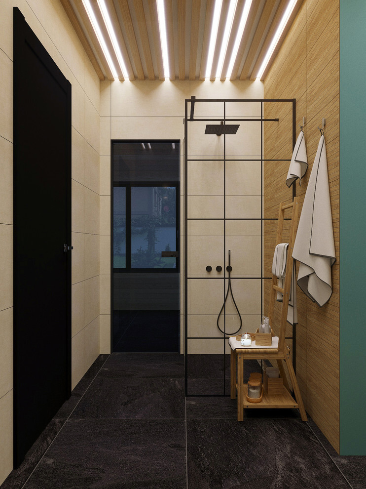 Интерьер ванной cауной, рейками с подсветкой, подсветкой настенной и подсветкой светодиодной в стиле лофт