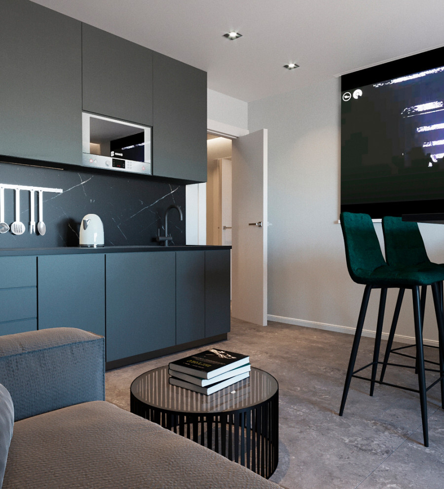 Интерьер кухни cтеной с телевизором, керамогранитом на стену с телевизором, подсветкой настенной и подсветкой светодиодной в современном стиле