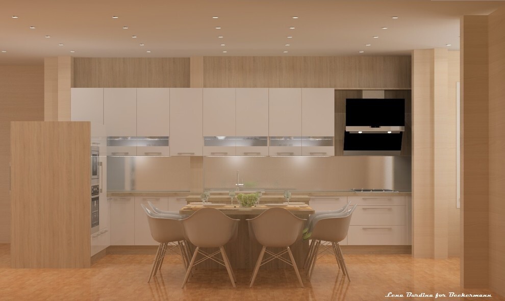 Интерьер кухни с объединенной гостиной, с обеденной зоной, кухней-нишей и с кабинетом в современном стиле, в стиле лофт и минимализме