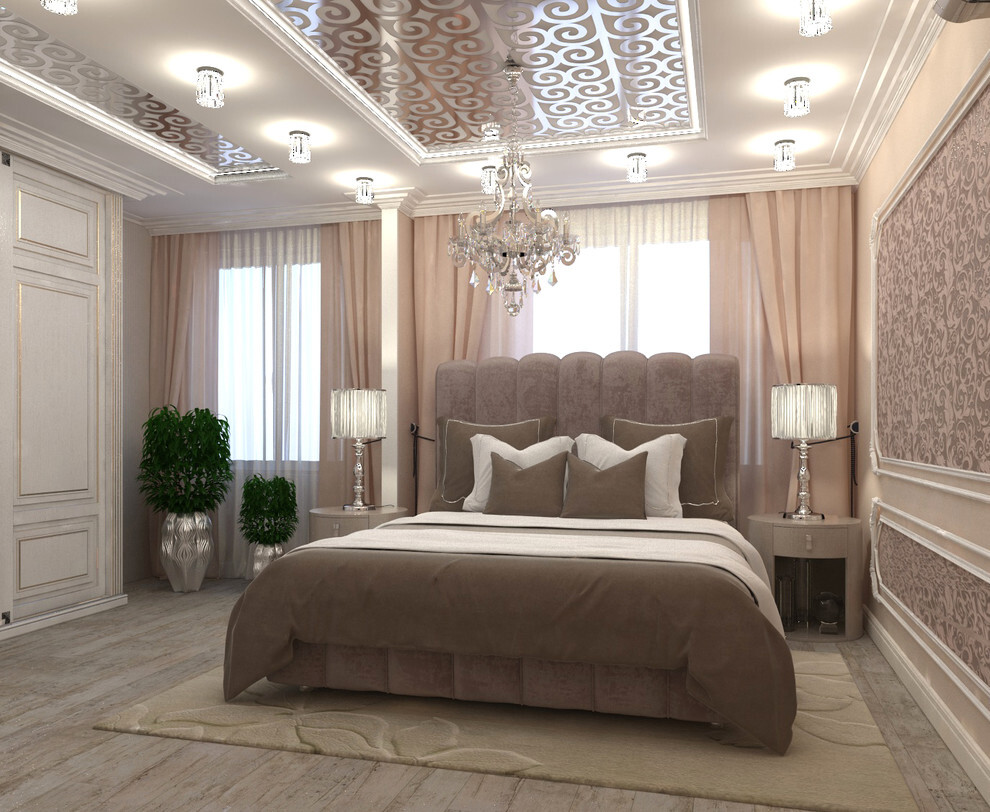 Интерьер спальни с подсветкой светодиодной и светильниками над кроватью в стиле фьюжн