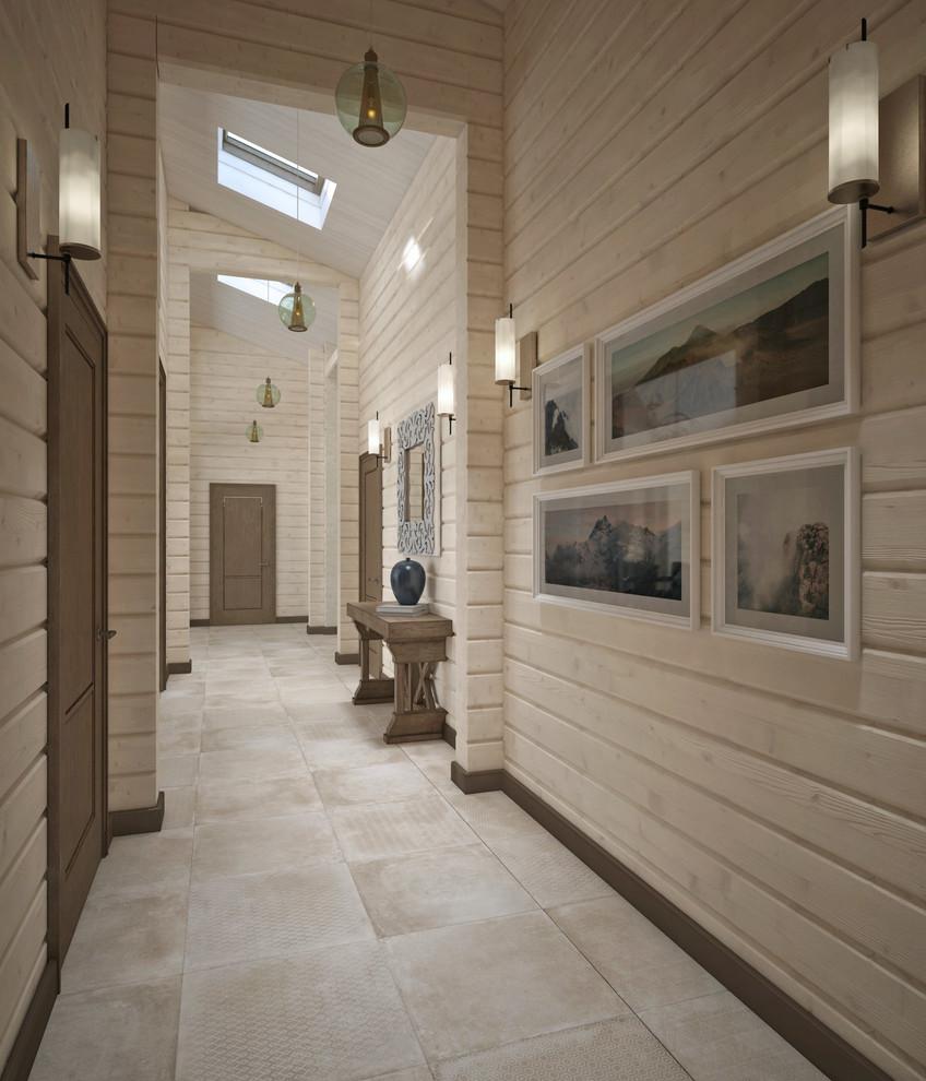 Интерьер коридора с в деревянном доме, сауной, рейками с подсветкой и подсветкой настенной