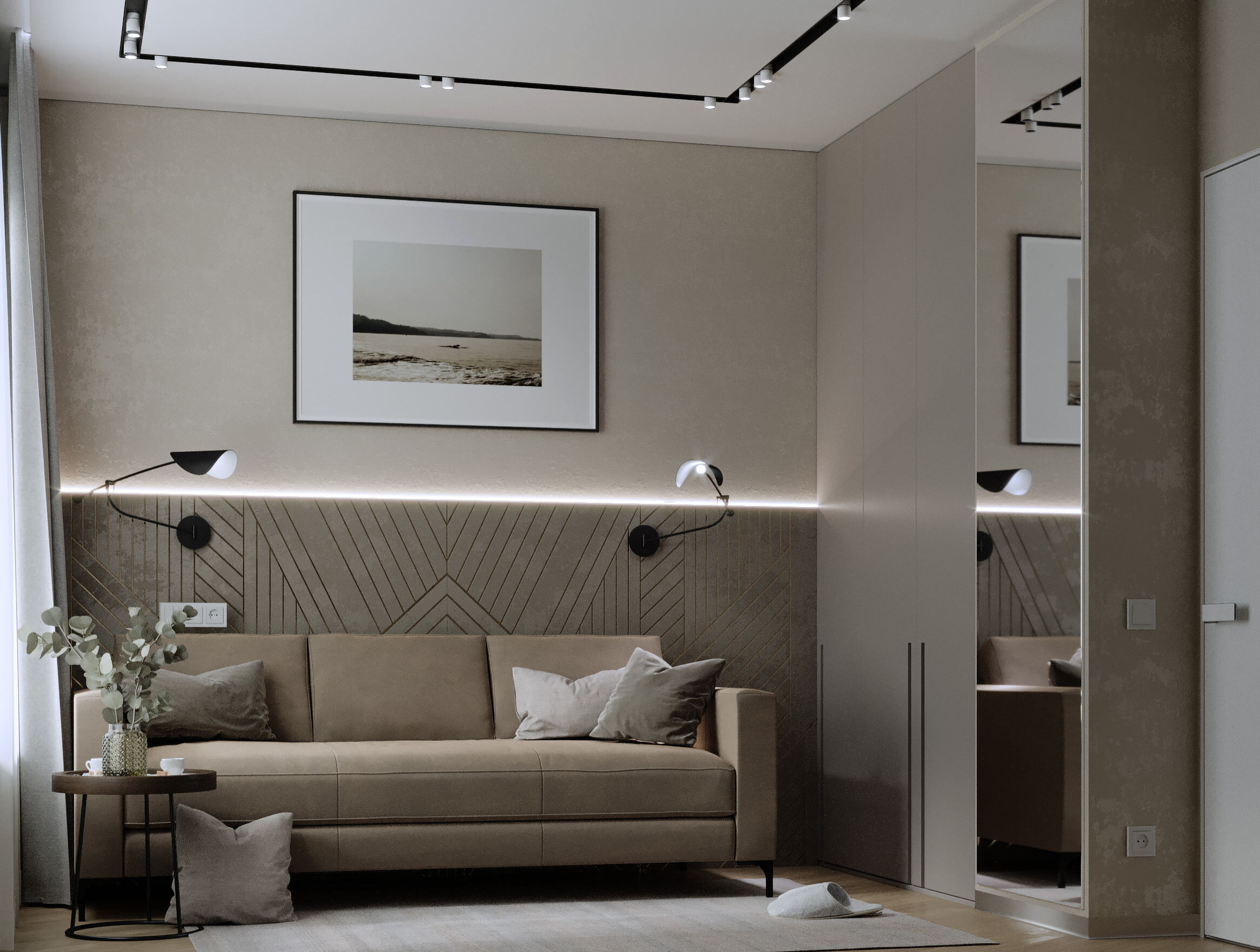 Интерьер с рейками с подсветкой, подсветкой настенной и подсветкой светодиодной в современном стиле