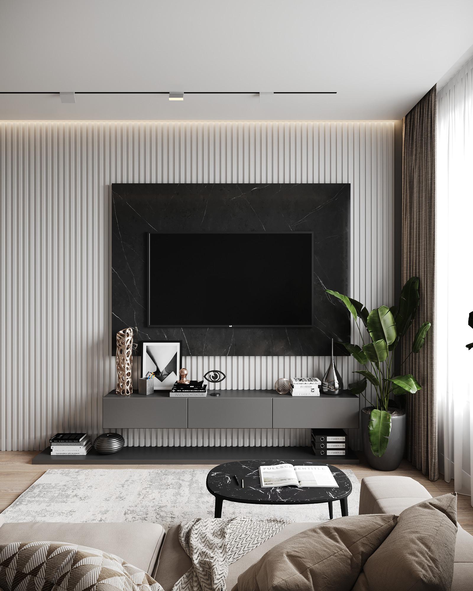 Интерьер гостиной cтеной с телевизором, телевизором на рейках, телевизором на стене, керамогранитом на стену с телевизором, рейками с подсветкой и подсветкой настенной в современном стиле