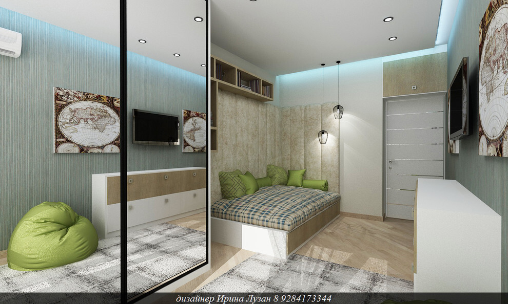 Интерьер спальни с проходной, кроватью у двери, кроватью в углу и светильниками над кроватью в современном стиле
