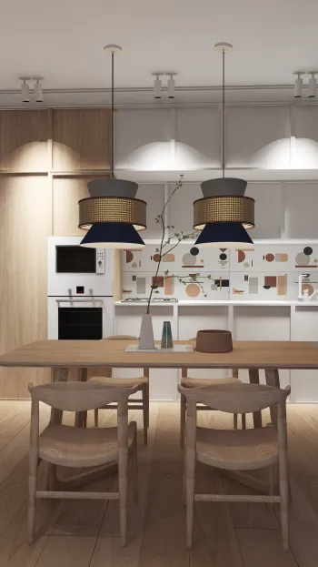 Интерьер кухни cветильниками над столом  смотреть на Basicdecor