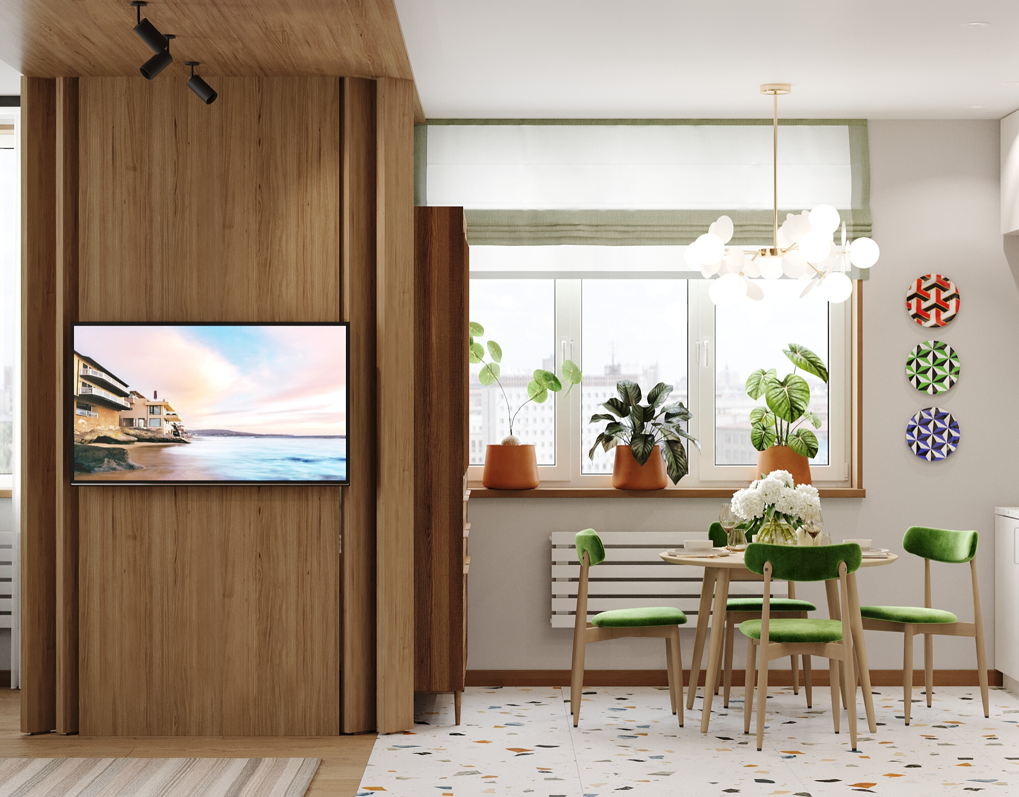 Интерьер столовой с керамогранитом на стену с телевизором