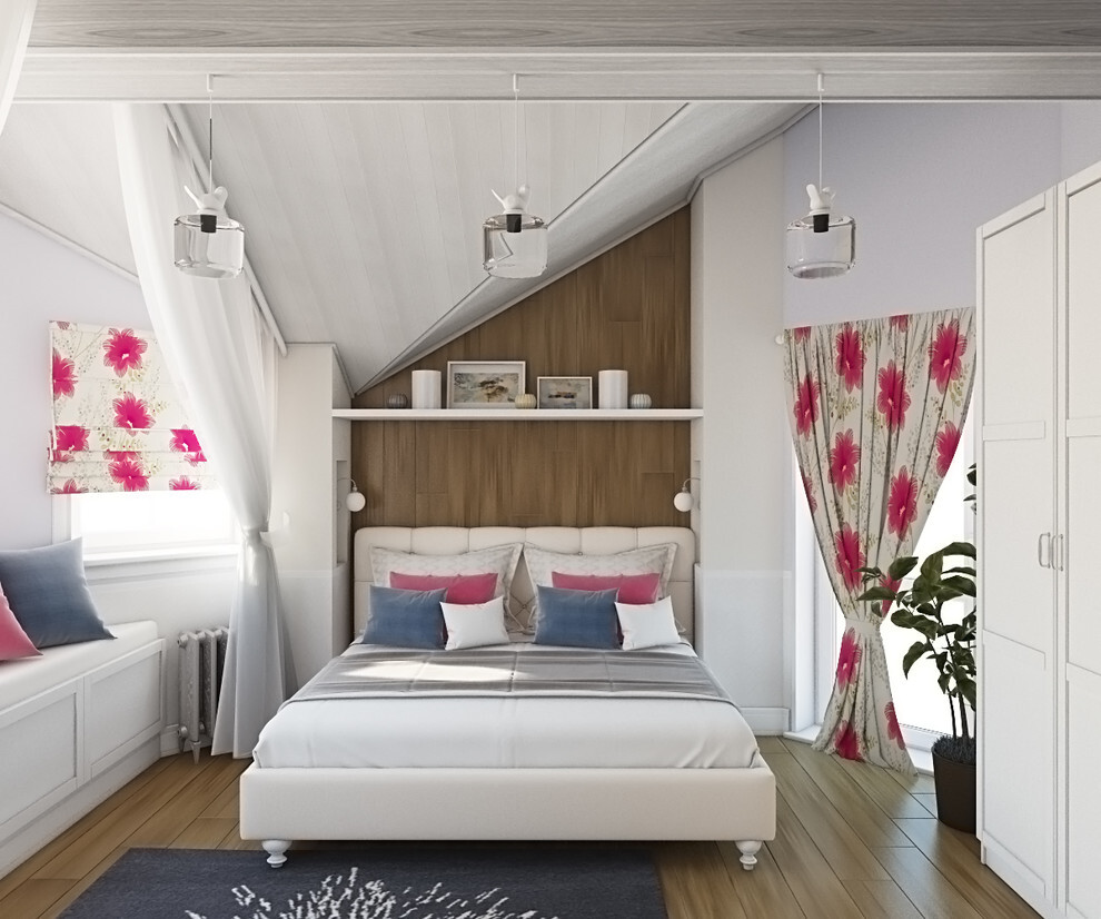 Интерьер спальни с на мансарде, двой окна, с антресолью и кроватью под потолком в скандинавском стиле