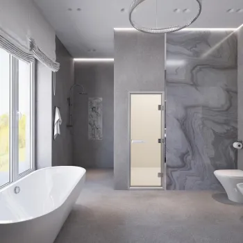 Интерьер ванной с зеркалом на двери  смотреть на Basicdecor