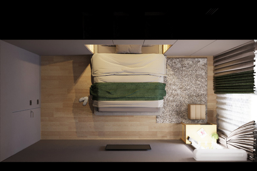 Интерьер спальни с кроватью под потолком и светильниками над кроватью в современном стиле