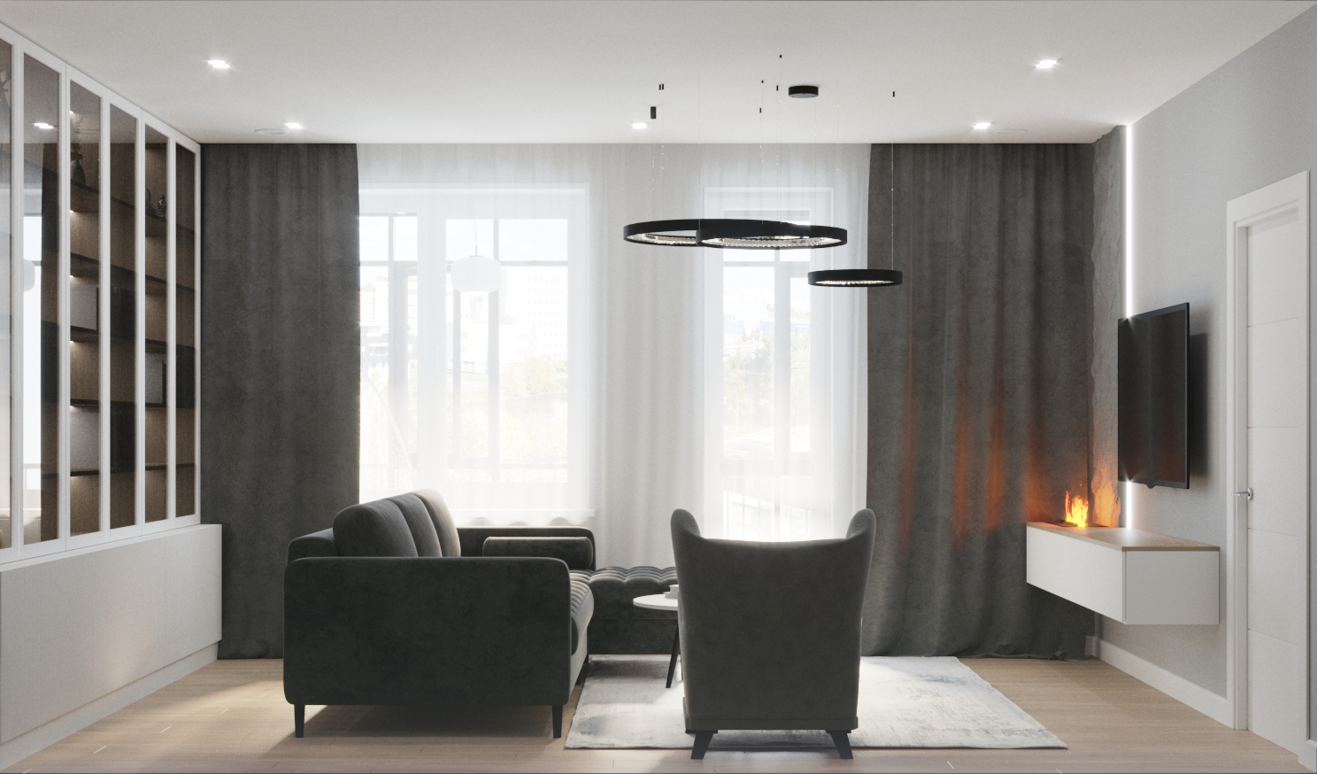 Интерьер гостиной с рейками с подсветкой и подсветкой светодиодной