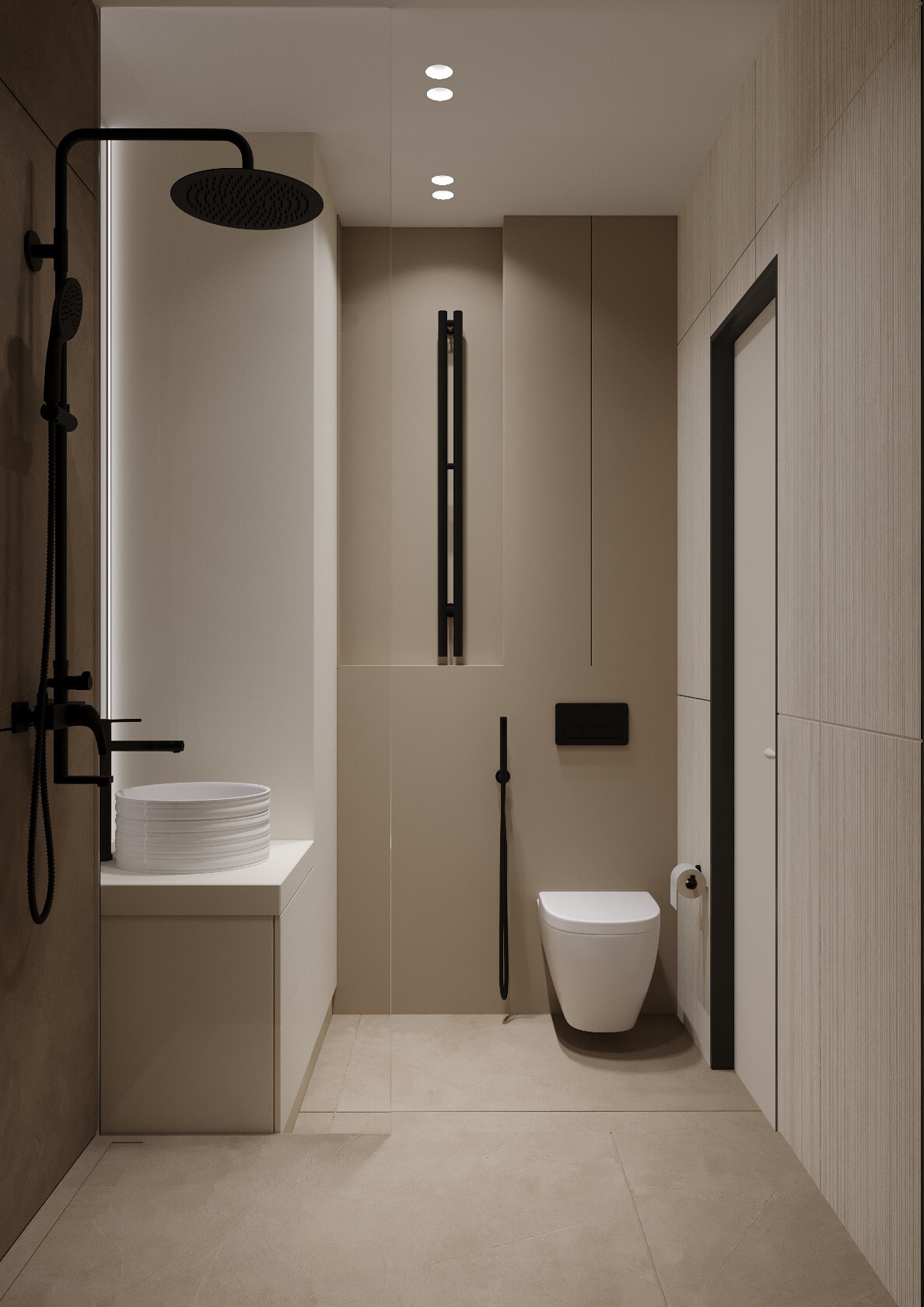 Интерьер ванной cовмещенным санузлом, без дверей и проходной в современном стиле и в стиле лофт
