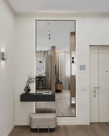 Интерьер прихожей с проходной и зеркалом на двери  смотреть на Basicdecor