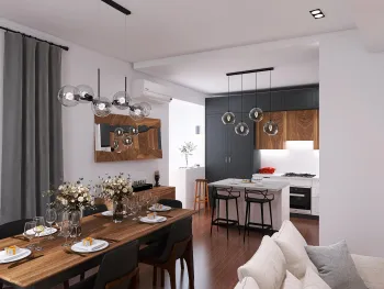Интерьер кухни cветильниками над столом  смотреть на Basicdecor