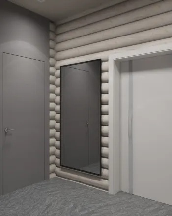 Интерьер прихожей с в деревянном доме и зеркалом на двери  смотреть на Basicdecor