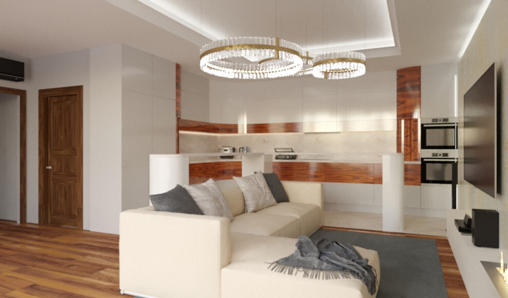Интерьер спальни cветовыми линиями и подсветкой светодиодной в современном стиле
