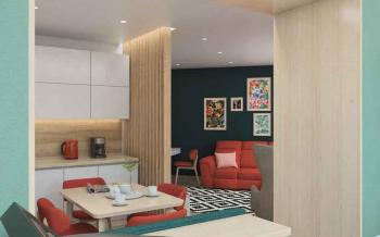 Интерьер гостиной с зонированием, проходной, с кабинетом и open space в восточном стиле и в стиле фьюжн