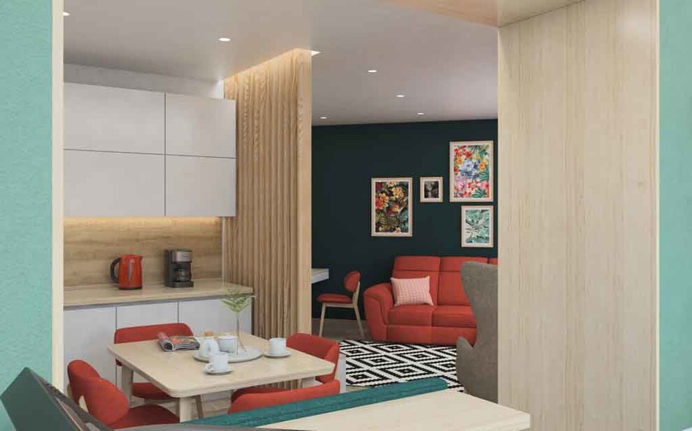 Интерьер гостиной с зонированием, проходной, с кабинетом и open space в восточном стиле и в стиле фьюжн