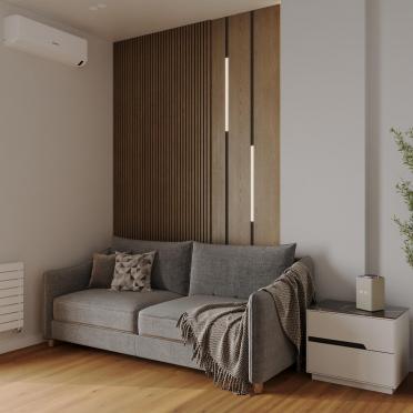 Интерьер спальни с зонированием рейками  смотреть на Basicdecor