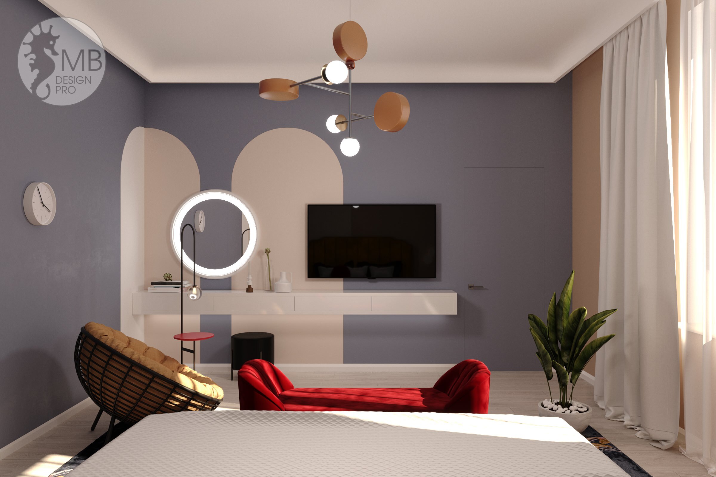 Интерьер с подсветкой настенной, подсветкой светодиодной и светильниками над кроватью в стиле фьюжн
