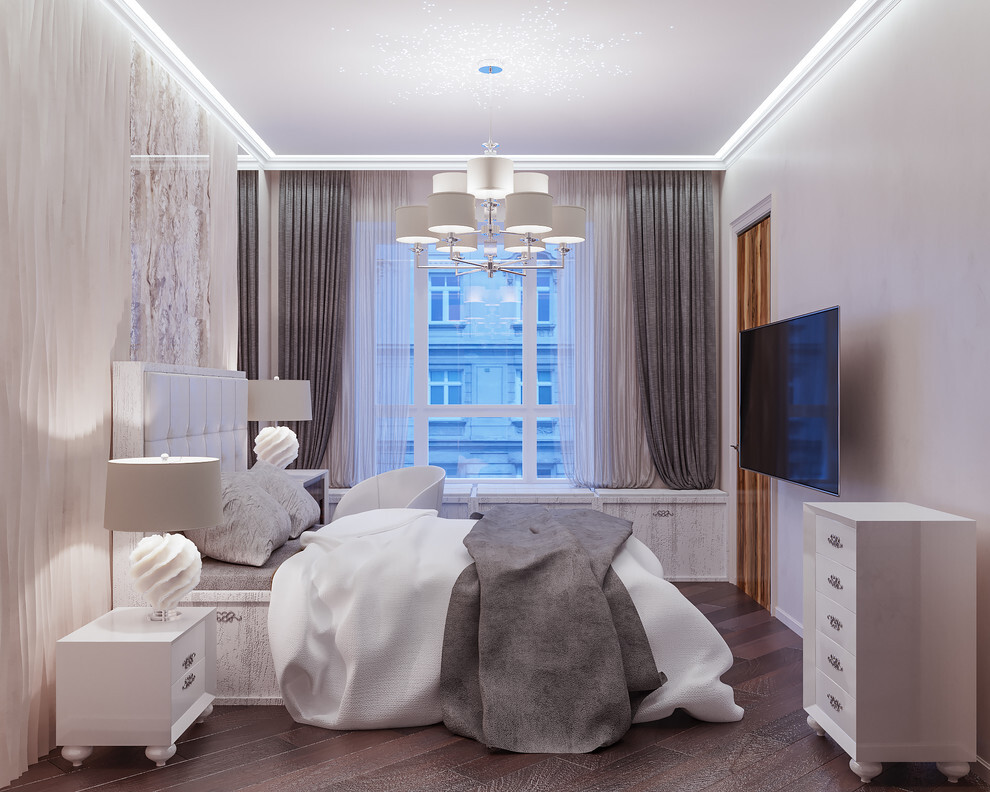 Интерьер спальни cветовыми линиями, подсветкой настенной, подсветкой светодиодной, светильниками над кроватью и с подсветкой в модернизме