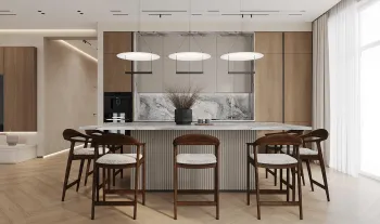 Интерьер кухни cветильниками над столом  смотреть на Basicdecor