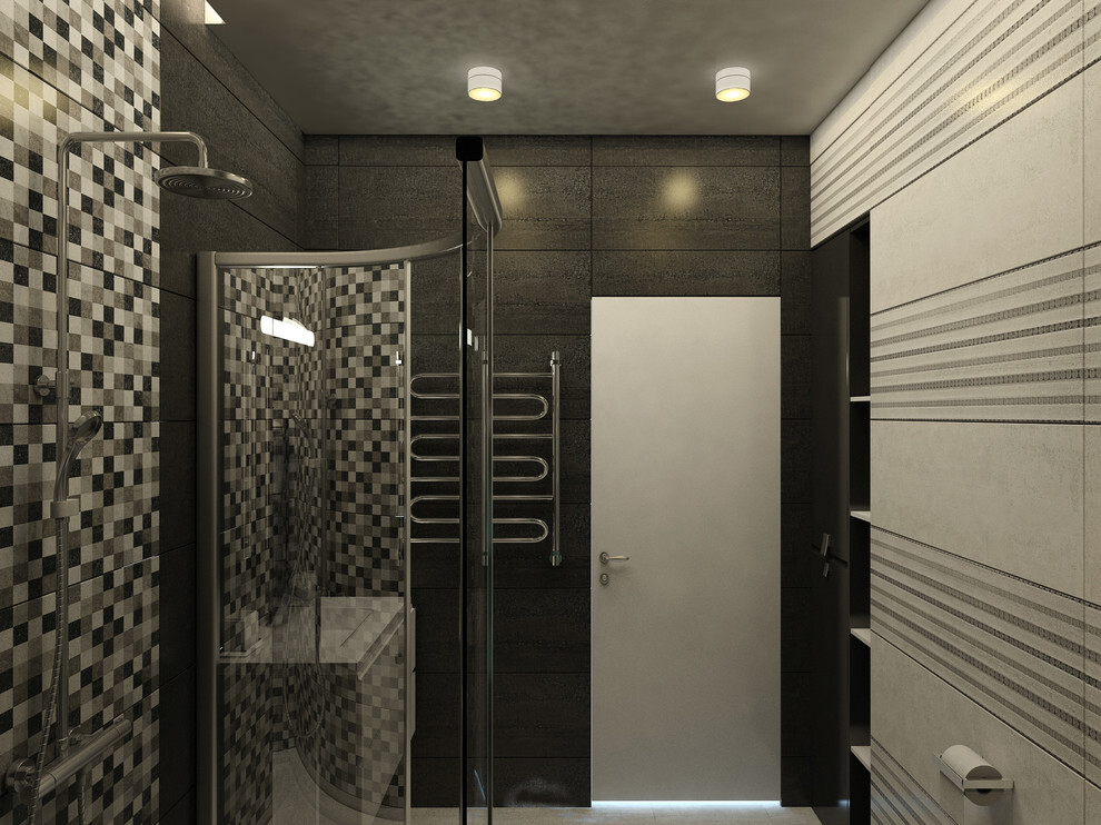 Интерьер ванной с нишей с подсветкой, сауной, световыми линиями, рейками с подсветкой, подсветкой настенной, подсветкой светодиодной и с подсветкой в современном стиле