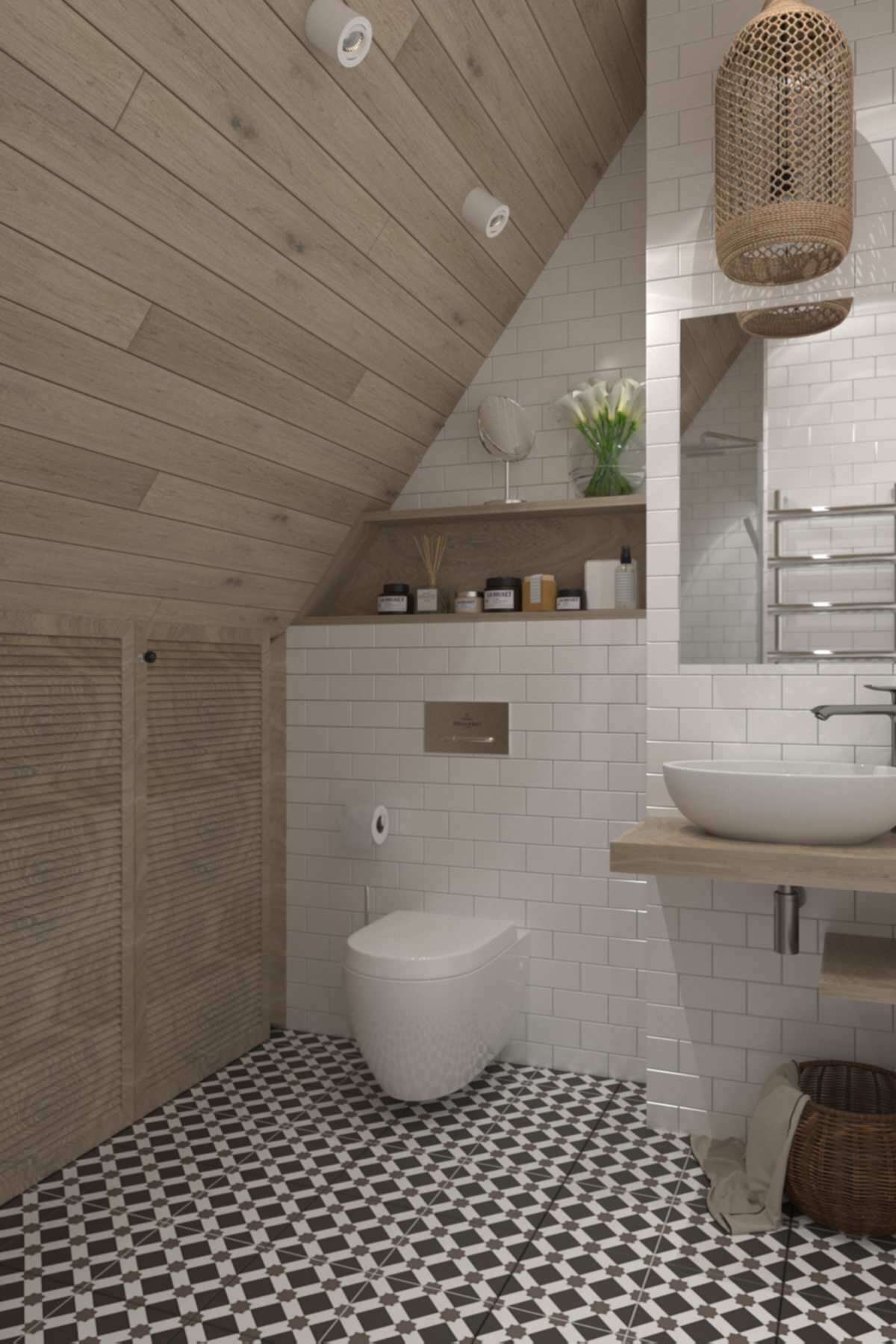 Интерьер ванной c рабочим местом в стиле лофт и в стиле кантри