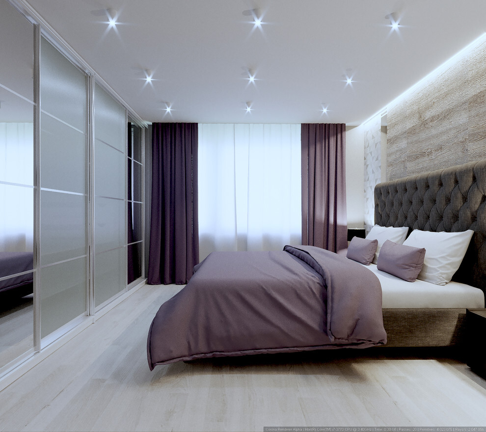 Интерьер спальни с нишей с подсветкой, рейками с подсветкой, подсветкой настенной, подсветкой светодиодной, светильниками над кроватью и с подсветкой в современном стиле