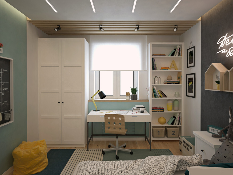 Интерьер спальни c рабочим местом, световыми линиями, рейками с подсветкой и подсветкой светодиодной в скандинавском стиле