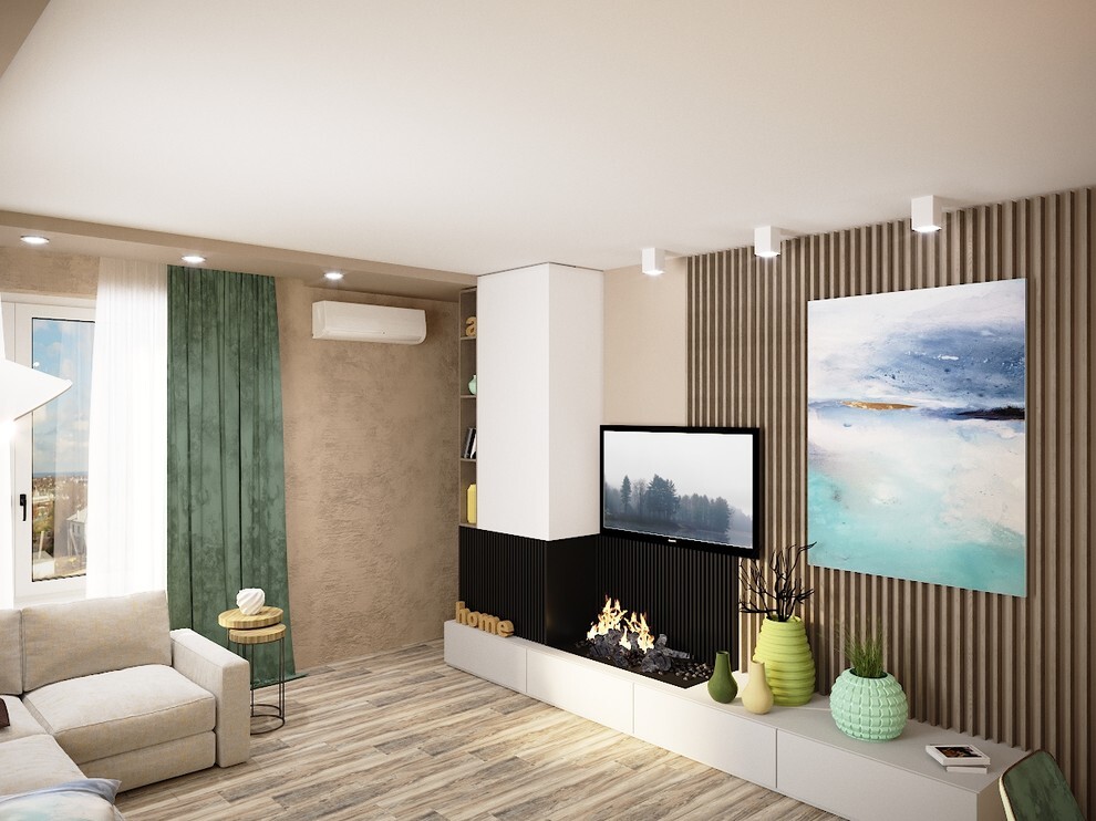 Интерьер гостиной с телевизором на рейках, вертикальными жалюзи и рейками с подсветкой в современном стиле