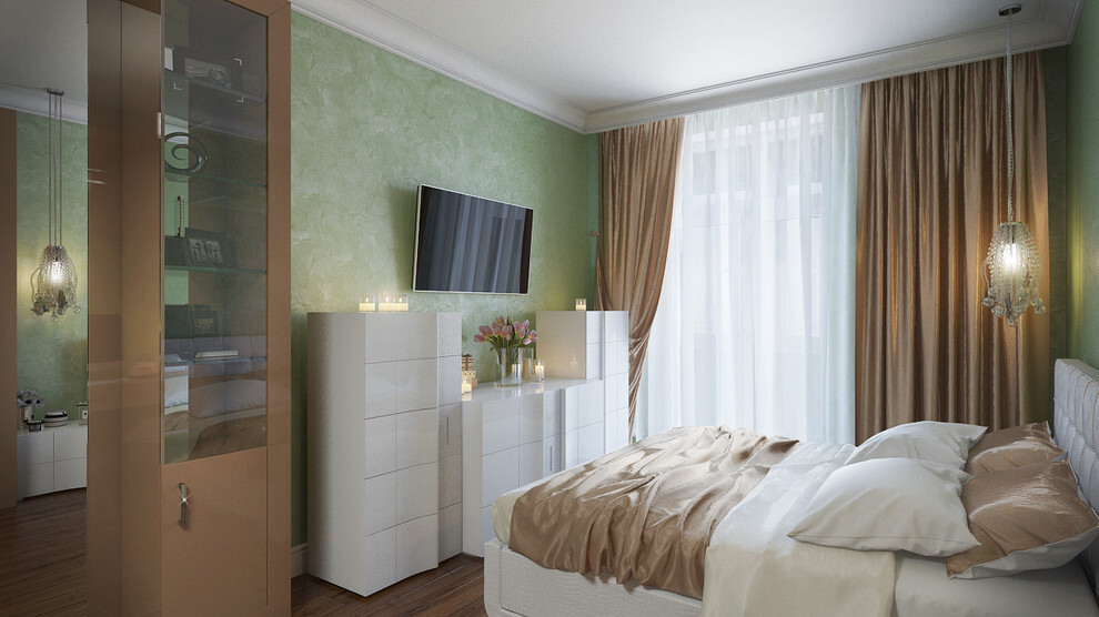 Интерьер спальни с шкафом напротив кровати в классическом стиле