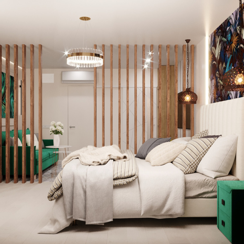 Интерьер спальни с зонированием рейками в современном стиле