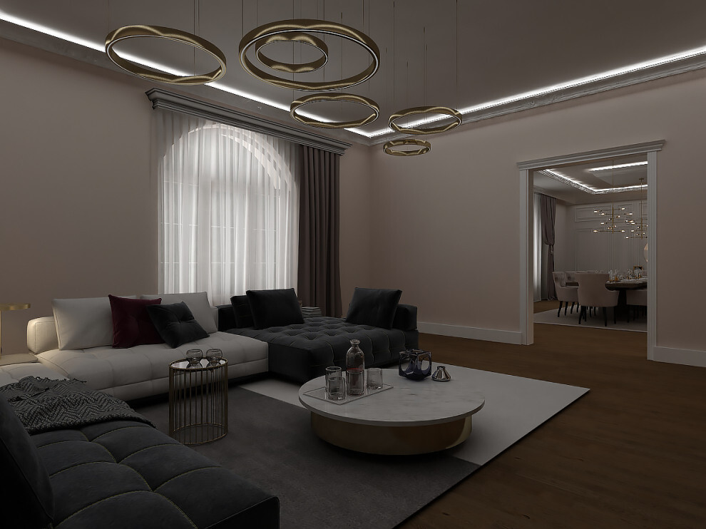 Интерьер гостиной cветовыми линиями, подсветкой настенной, подсветкой светодиодной, светильниками над кроватью и с подсветкой в стиле фьюжн
