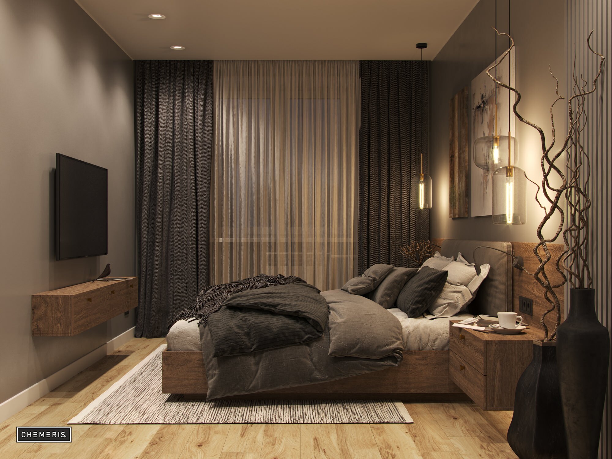 Интерьер спальни с подсветкой настенной, подсветкой светодиодной, светильниками над кроватью и с подсветкой в стиле лофт