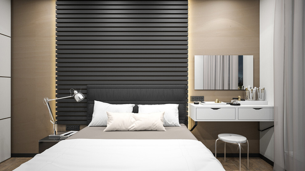 Интерьер спальни с рейками с подсветкой и бра над кроватью в современном стиле