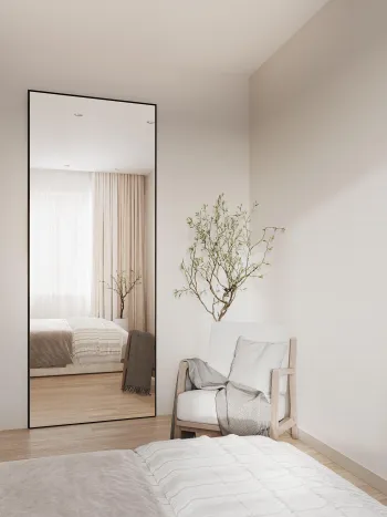 Интерьер спальни с зеркалом на двери  смотреть на Basicdecor