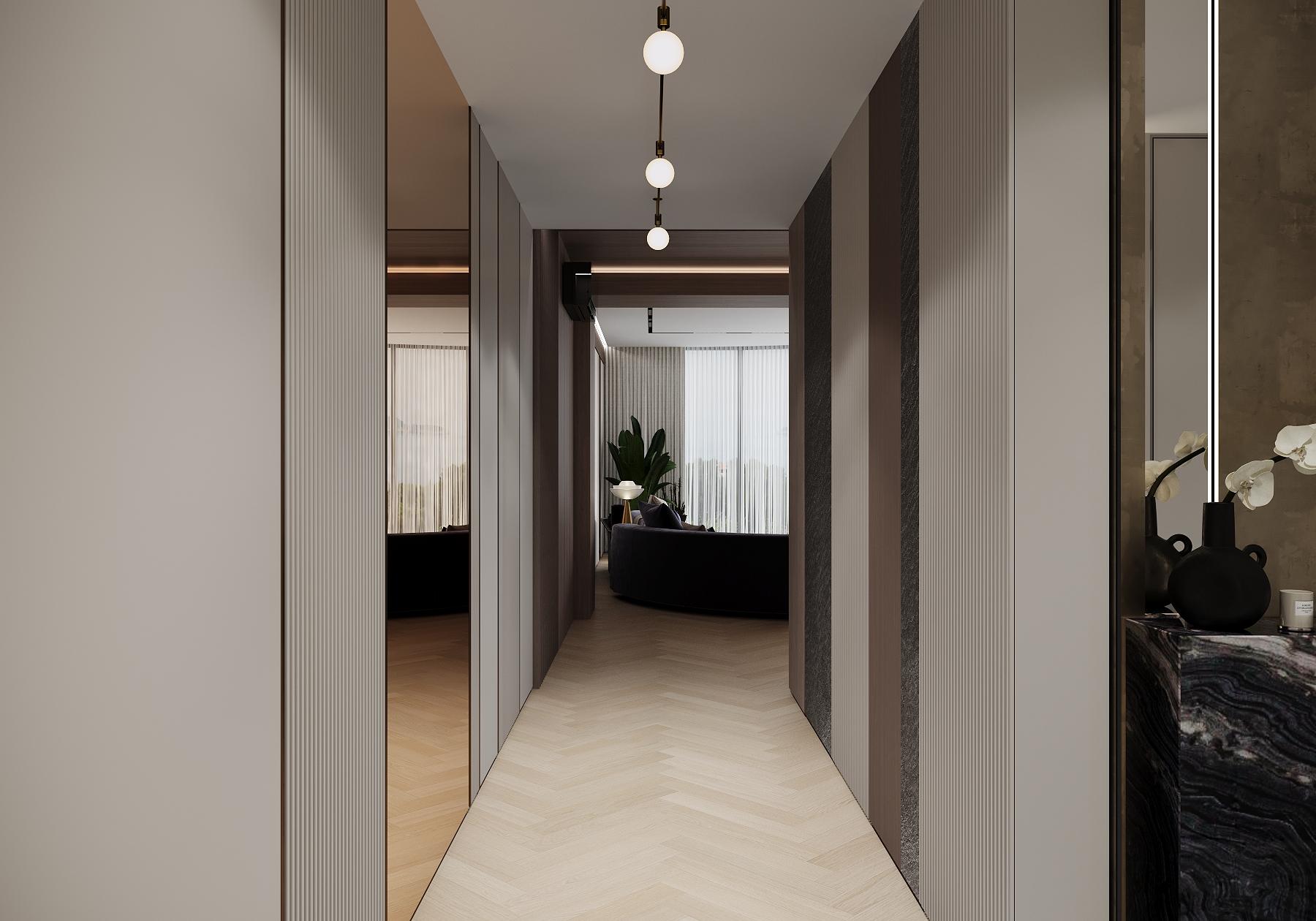 Интерьер коридора с рейками с подсветкой, подсветкой настенной, подсветкой светодиодной, светильниками над кроватью и с подсветкой